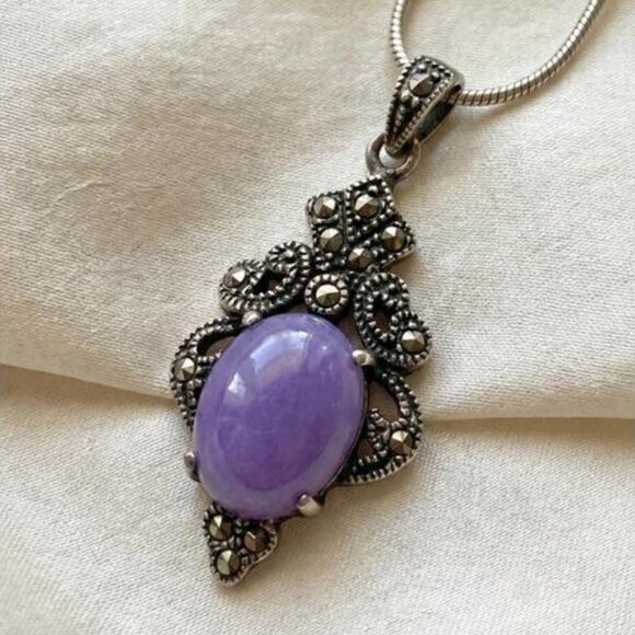Vintage Sterling Silver Lavender Jade Marcasite Art Deco Pendant Necklace - Picture 1 of 6
